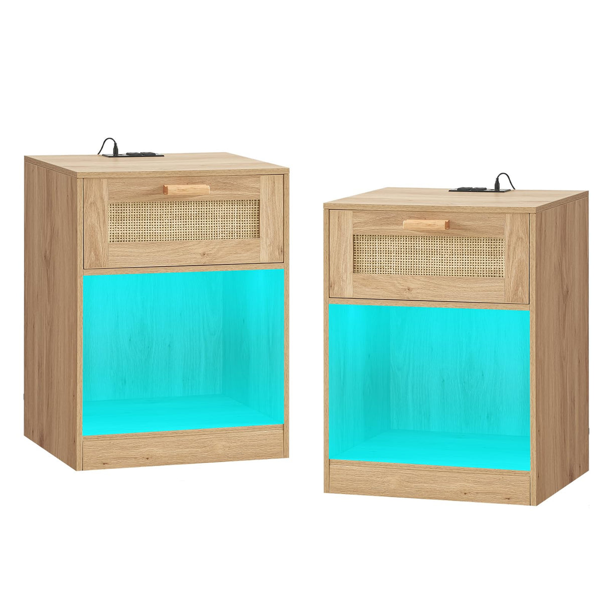 Rattan Nightstands Set of 2, Nightstands with Charging Station & LED Light, Night Stands