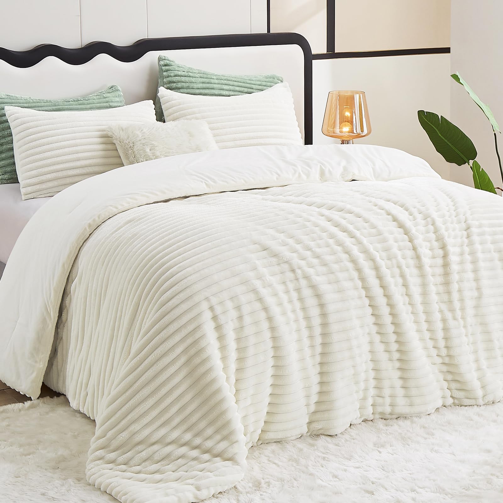 Queen Comforter Set - Super Soft Faux Fur Cream White Comforter Queen Size