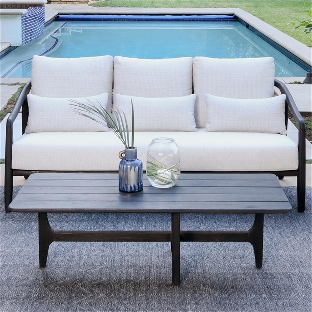 Aria Transitional Teak Wood & Olefin Outdoor Sofa in Cream/Black