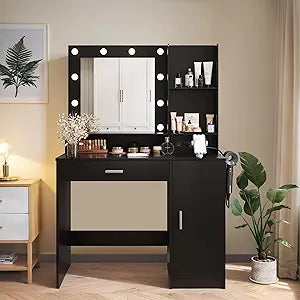 Desk with LED Lighted Mirror, Makeup Table with Hairdryer Holder and Power Outlet,