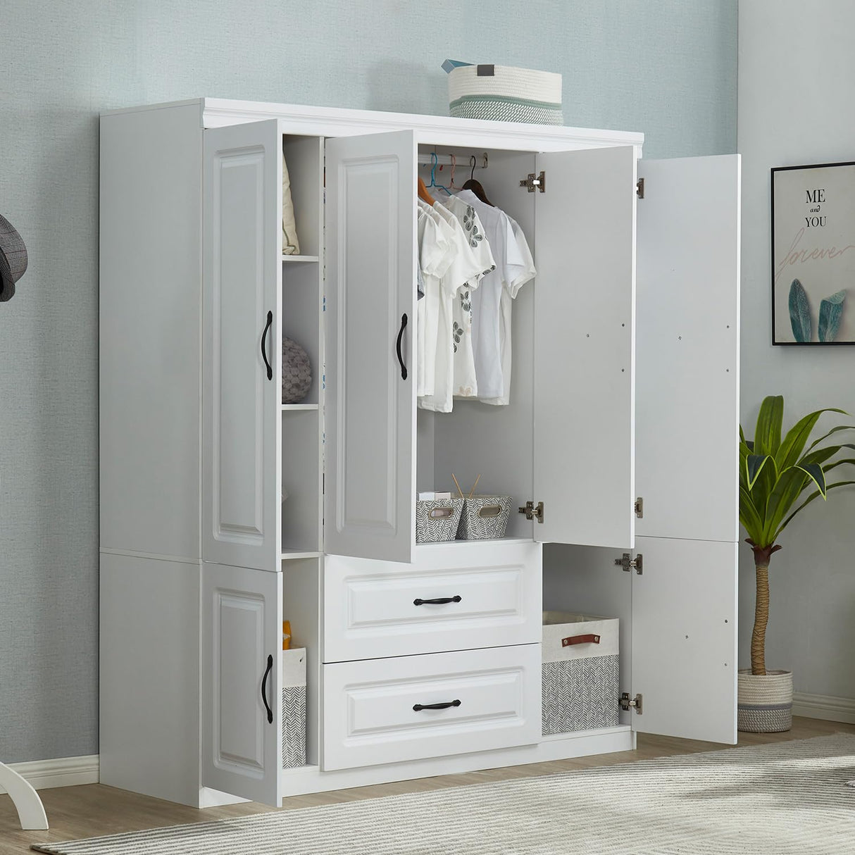 74" H Closet with Doors White Wooden Armoire Wardrobe Closet Freestanding