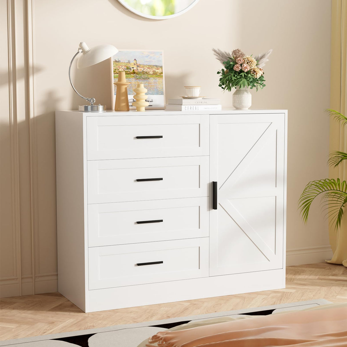 VOWNER 4 Drawer Dresser with Barn Door, Wooden Storage Cabinet with Drawers and Shelves, Modern Chest of Drawers for Bedroom, Living Room, Hallway, White