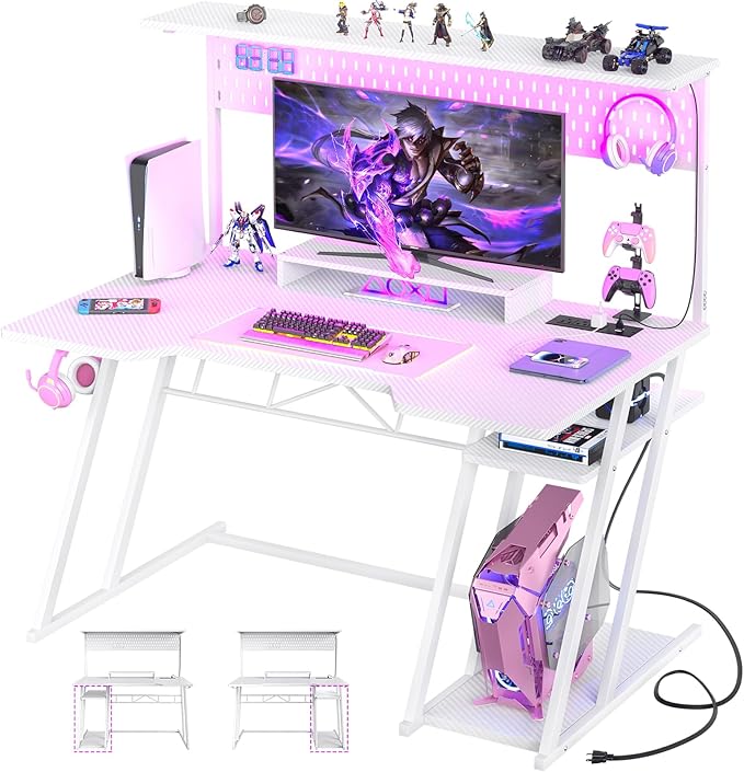 Gaming Computer Desk with Shelves and Outlets, Gaming Desk with Hutch and LED Lights