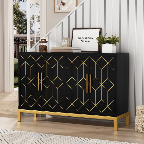 ARTPOWER Sideboard Buffet Cabinet with 4 Doors&Shelves, Carved Decorative Accent Storage Cabinet, Modern Credenza Sideboard Cabinet for Living Room, Dining Room Kitchen, Black