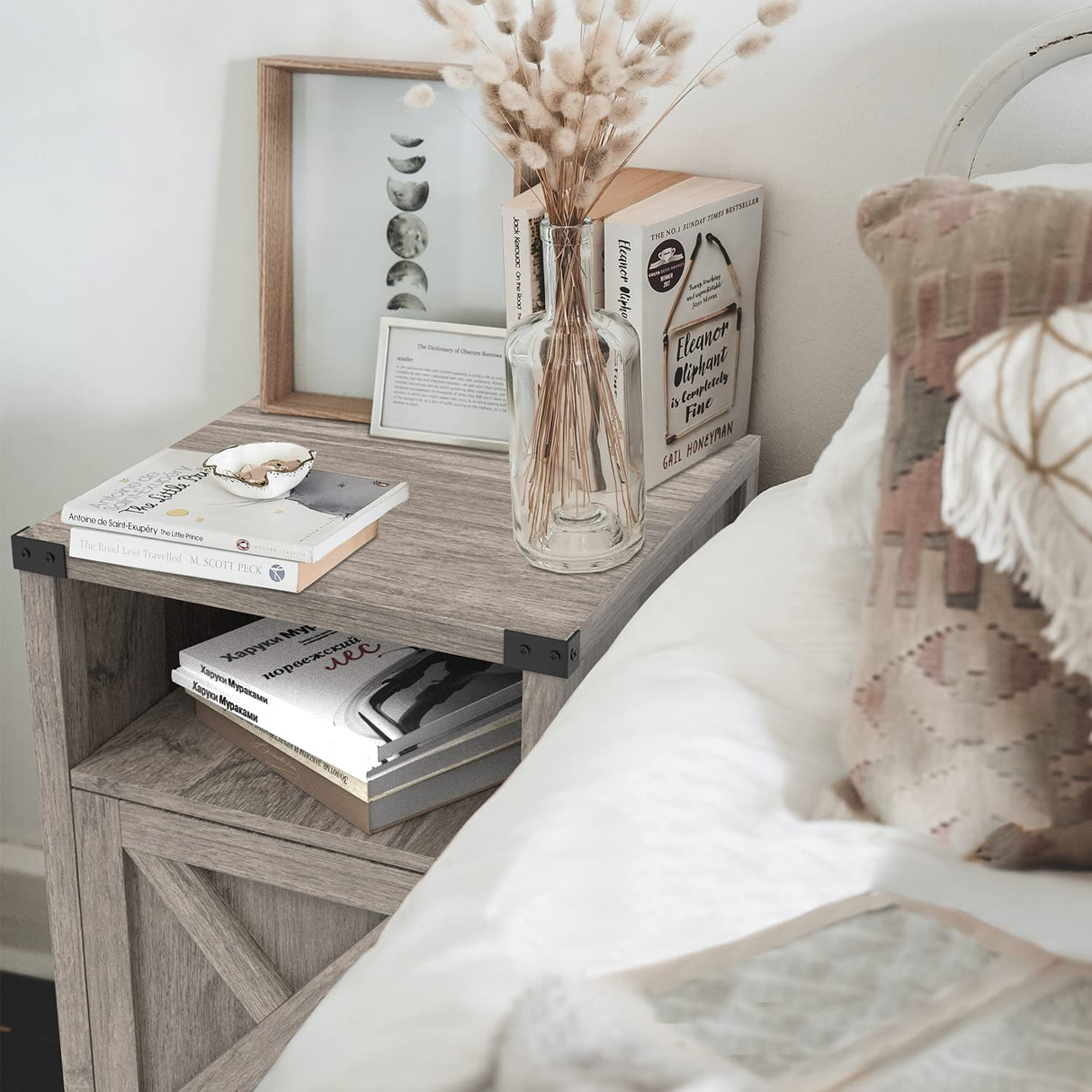 Farmhouse Nightstand, End Table, End Tables with Barn Door and Shelf, Modern Bed Side Table Rustic Gray Nightstands Set for Bedroom, Living Room, Set of 2, Gray Wash