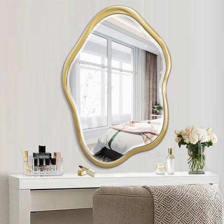 Jesantab Irregular Wall Mirror, 24"X36" Gold Asymmetrical Bathroom Vanity Mirror, Framed Cloud Mirror for Washroom, Bedroom, Entryway