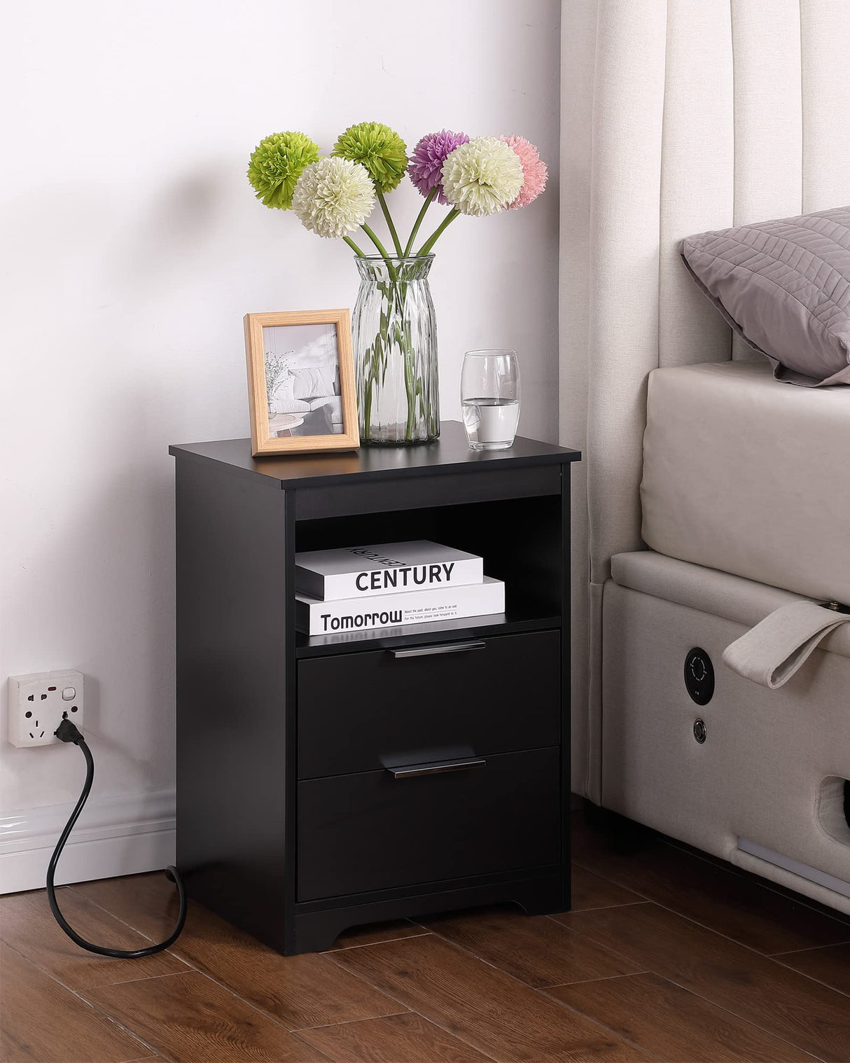 Kavonty Nightstand with Charging Station,End Table with 2 Drawers,Wooden End Table with Drawer and Opening Shelf,Side Table for Bedroom, Black