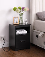 Kavonty Nightstand with Charging Station,End Table with 2 Drawers,Wooden End Table with Drawer and Opening Shelf,Side Table for Bedroom, Black