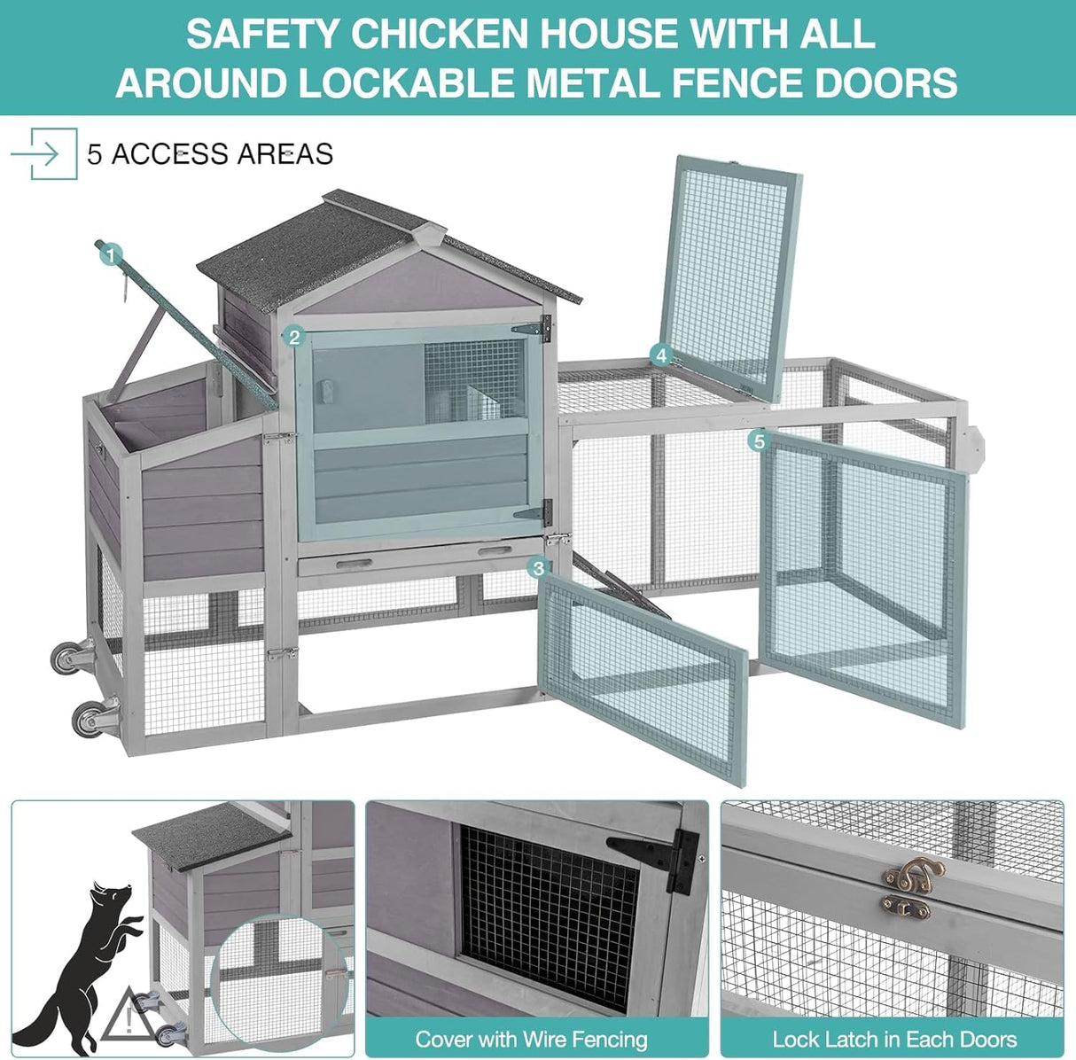 for 2-4 Chickens, Mobile Chicken House for Outdoor with Wheels, Nesting Box