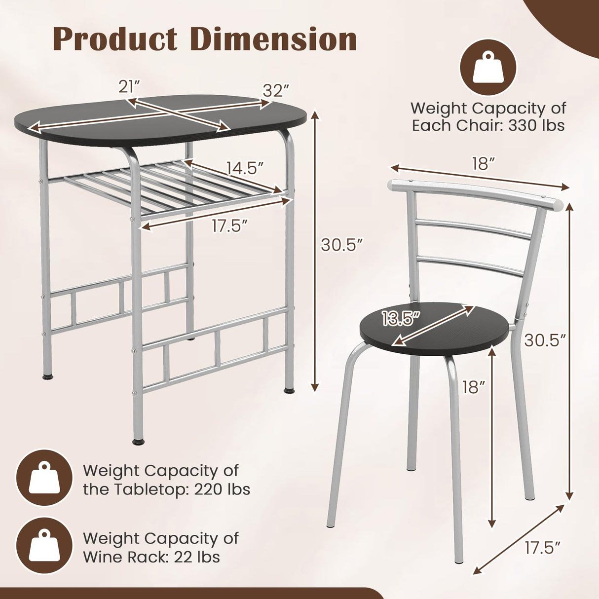 3-Piece Dining Table Set, Kitchen Table and 2 Chairs with Wine Rack, Metal Frame