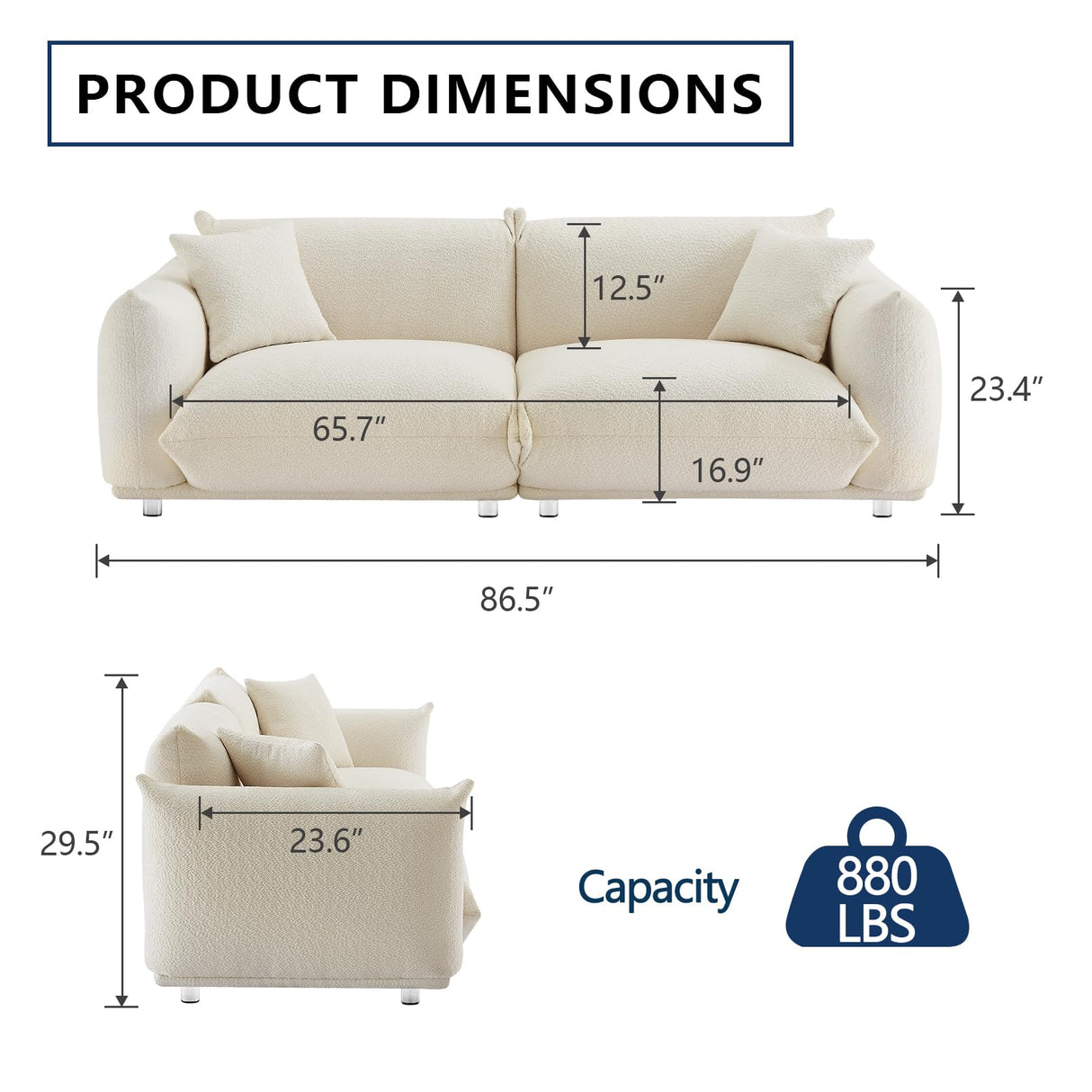 3 Seater Oversized Cloud Couch Loveseat Sofa with 2 Pillows