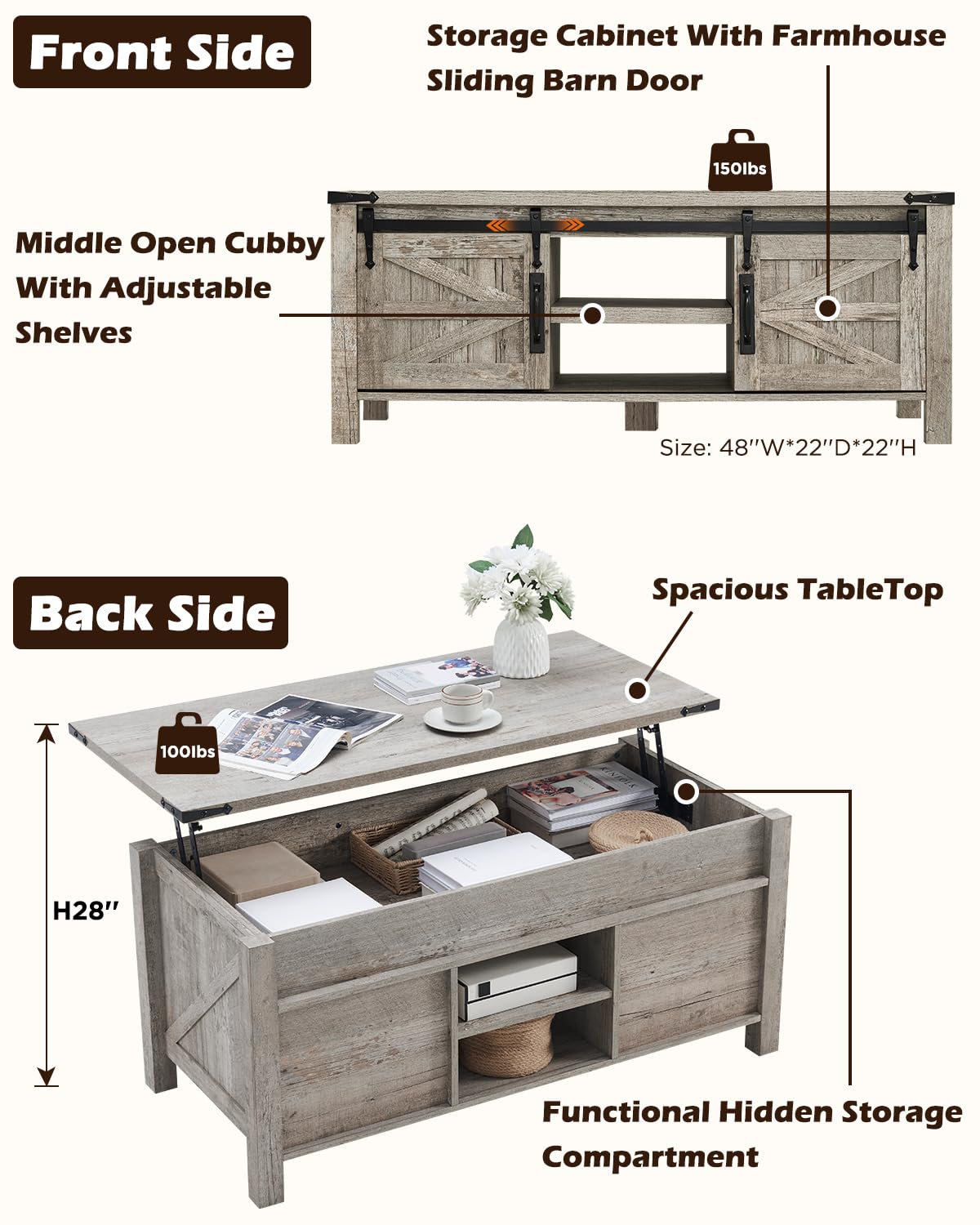 48" Farmhouse Lift Top Coffee Table with Sliding Barn Door,Rustic Center Table