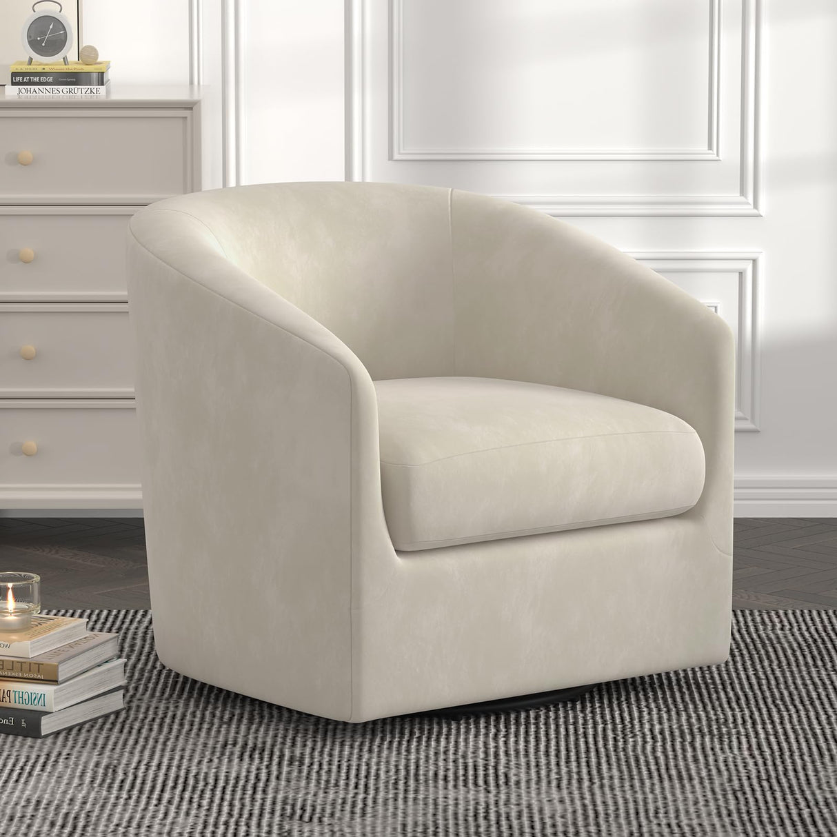 Accent Swivel Chair,Modern Fabric Arm Chair Sofas,Upholstered Barrel Curved Chair with Meatl Base & Handrail for Living Room, Bedroom, Guest Room,Beige