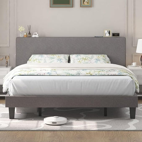 Queen Size Upholstered Bed Frame with Linen Fabric Adjustable Headboard,Platform Bed with Strong Wooden Slat Support, Noise Free, Mattress Foundation, No Box Spring Needed, Easy Assembly, Beige