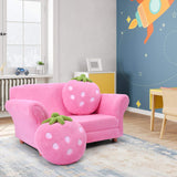 Upholstered Toddler Couch Chair with Ergonomic Back & 2 Strawberry Pillows, Double Seat Toddler Armchair for Boys Girls