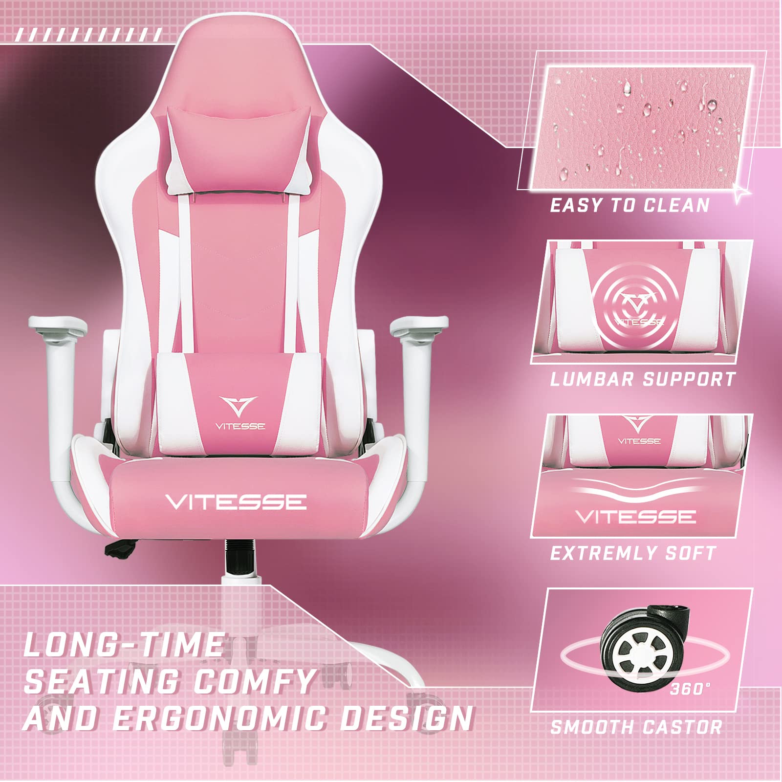 Pink Gaming Chair with Lumbar Support and Headrest