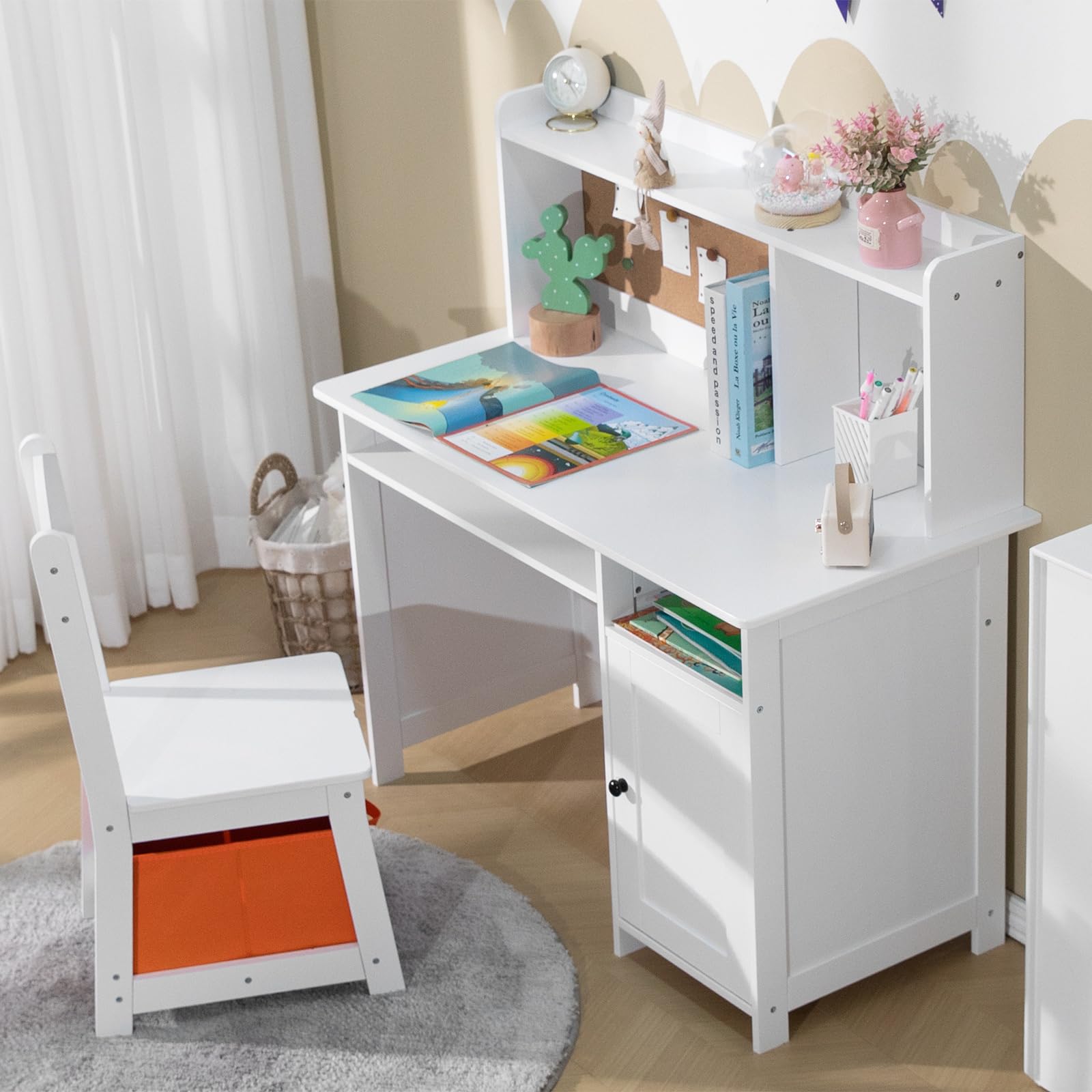 and Chair Set for Boys & Girls – Wooden Ergonomic Design, Includes Built-In Chair Storage Bins & Bookshelf Organizer & Cork Bulletion Board, for Children Studying, Writing, Drawing