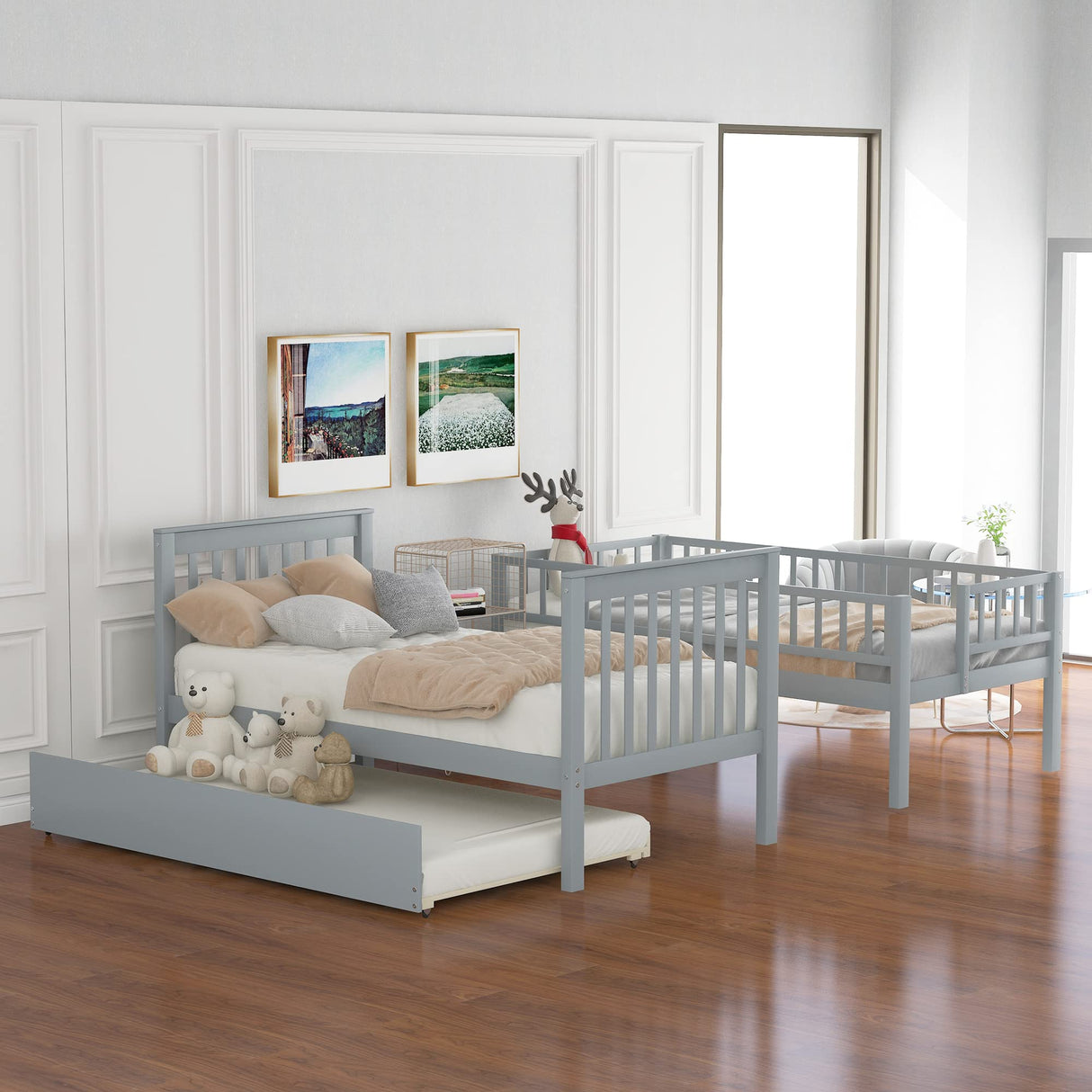 Bunk Beds Twin Over Twin Size, Solid Wood Bunk Beds with Trundle and Stairs for Kids