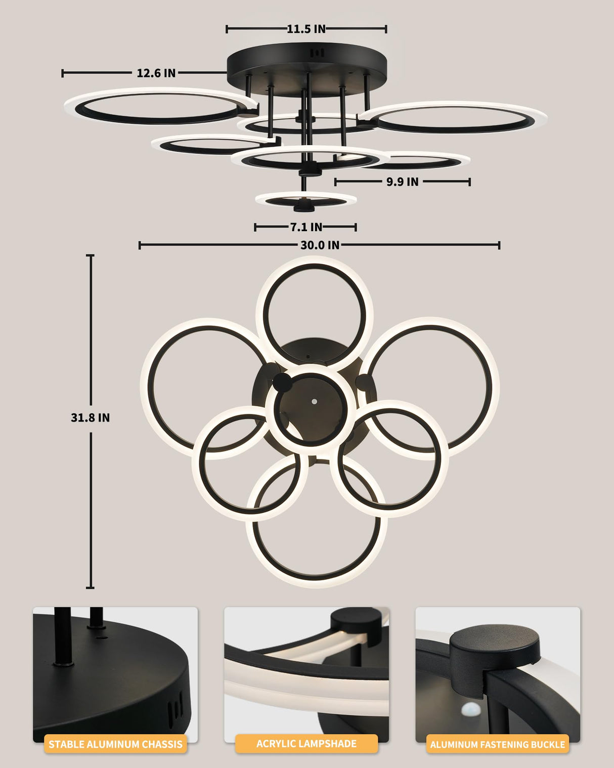 1pc 7 Rings Black and 1pc White Modern Ceiling Light Fixtures with Remote,31.8" 130W