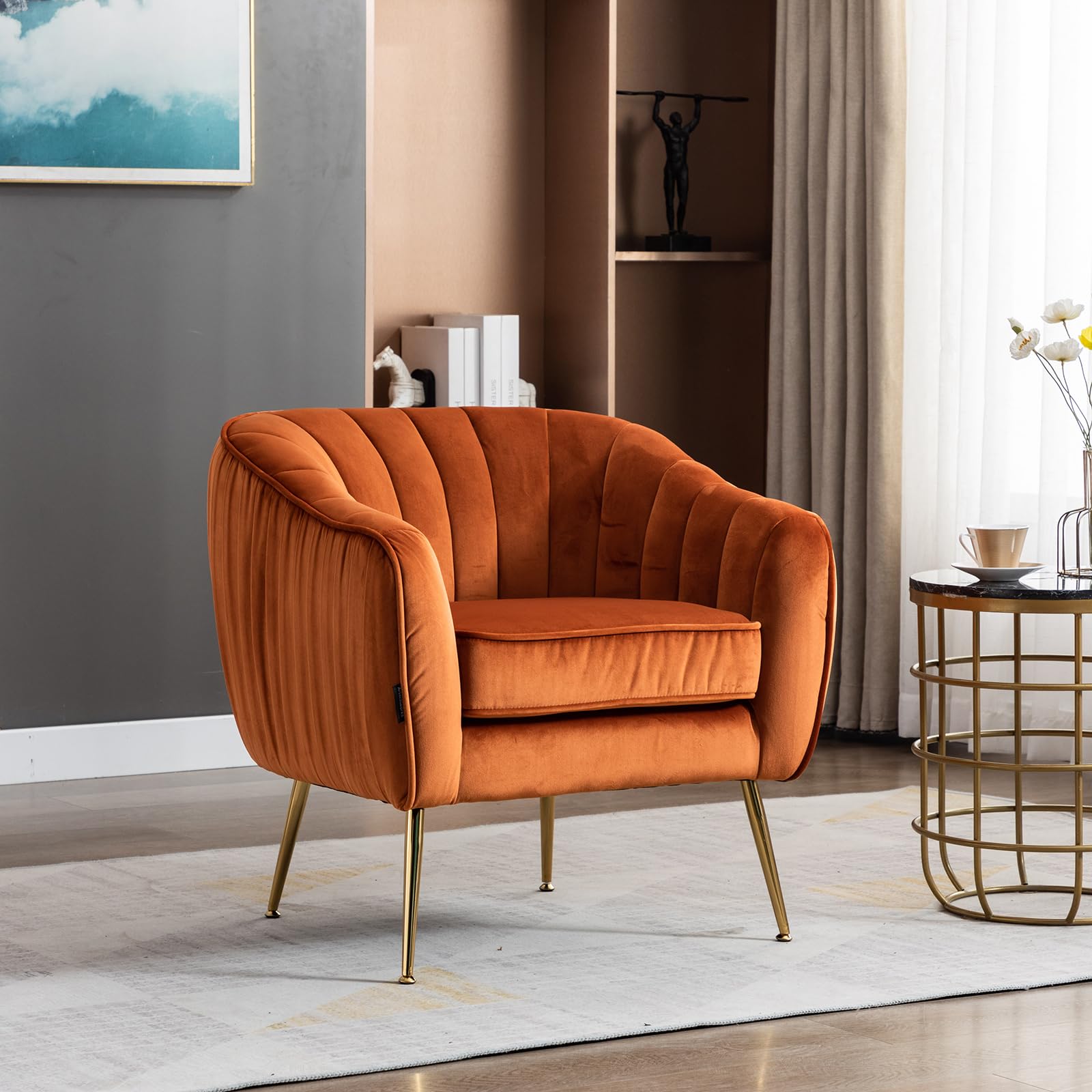 Artechworks Velvet ModernTub Barrel Arm Chair Upholstered Tufted with Golden Legs Accent Club Chair for Living Reading Room Bedroom, Caramel Color Orange