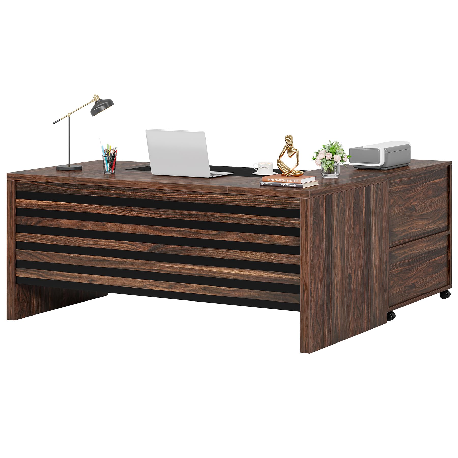 62.2" Executive Desk with Mobile File Cabinet, L-Shaped Office Desk with Storage Shelves