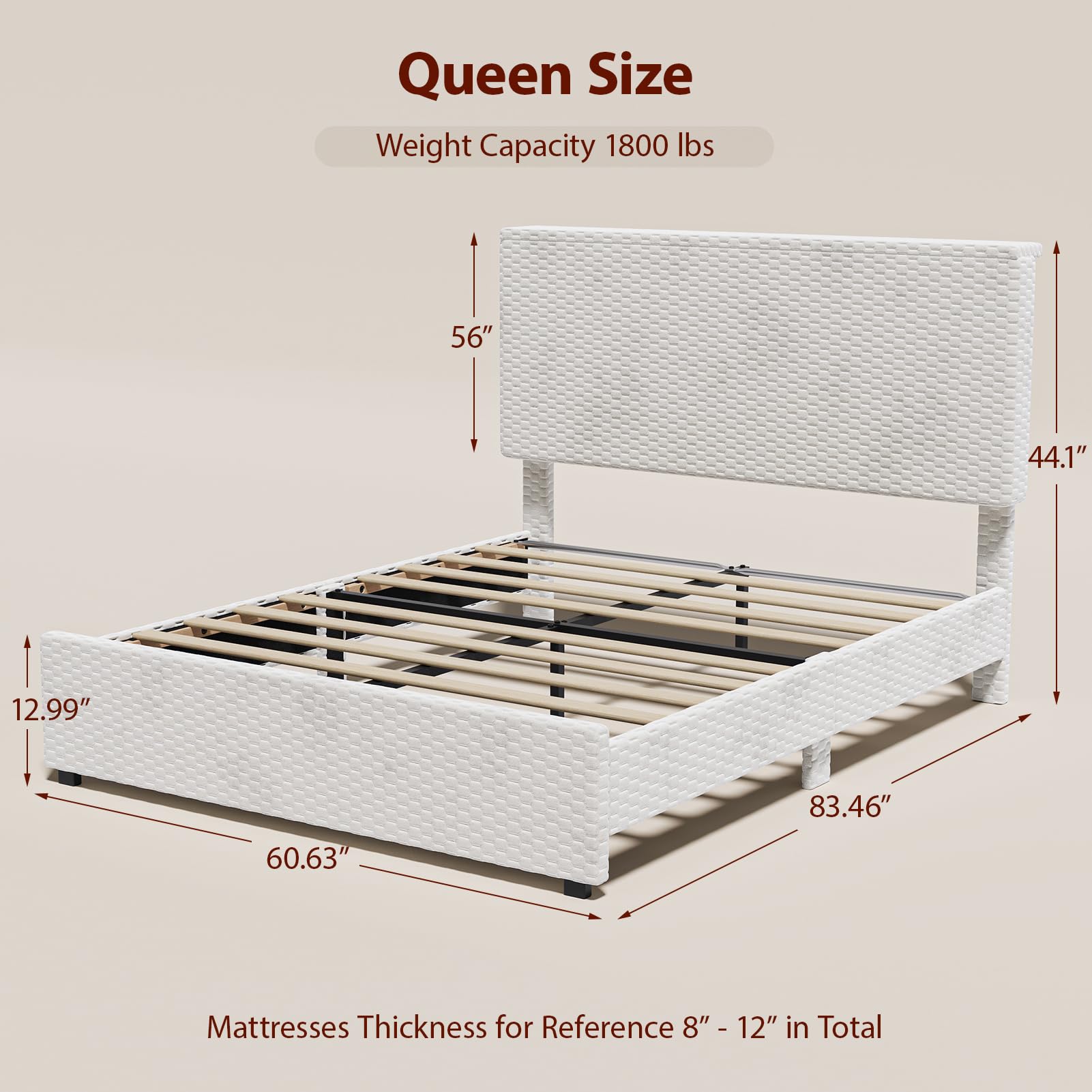 Queen Upholstered Bed Frame with Storage Headboard & LED Lights - White