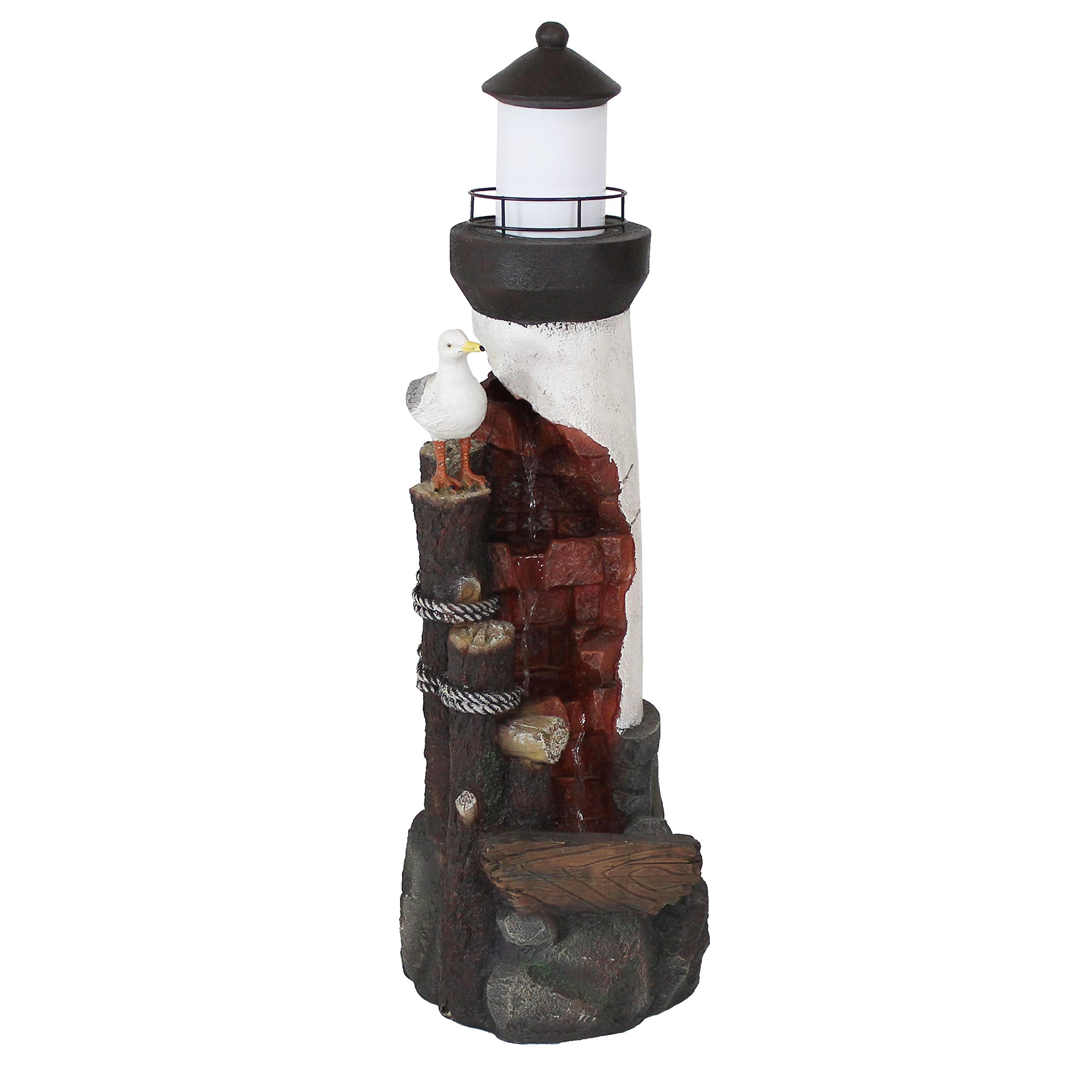 Sunnydaze 36-Inch Gull's Cove Outdoor Lighthouse Water Fountain with LED Light - Polyresin Decorative Water Feature
