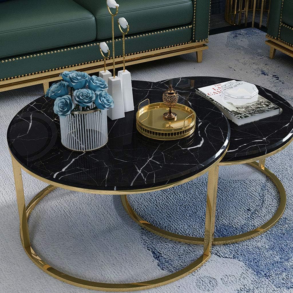 WASHLA Set of 2 Stackable Round Coffee Table/Side Table Metal Golden Frame & Marble Desktop End Tables Office Living Room Bedroom Balcony Accent Home Decor