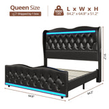 BTHFST Queen Size Bed Frame Tall Headboard with LED Lights & Charging Station, Upholstered Wing Headboard & Footboard, Heavy Duty Wooden Slats, No Box Spring Needed, Easy Assembly (Black, Queen)