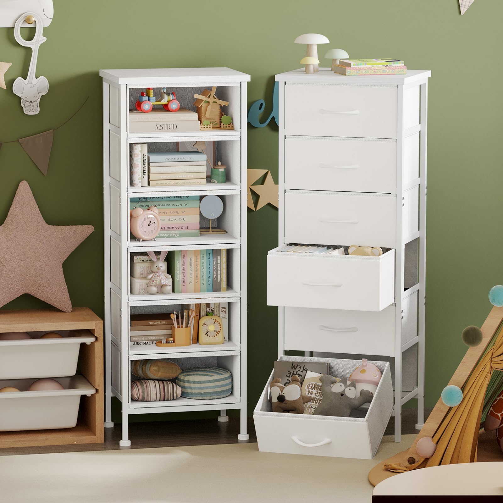 White Tall Dresser for Bedroom, Storage Dresser Organizer with 6 Fabric Drawers