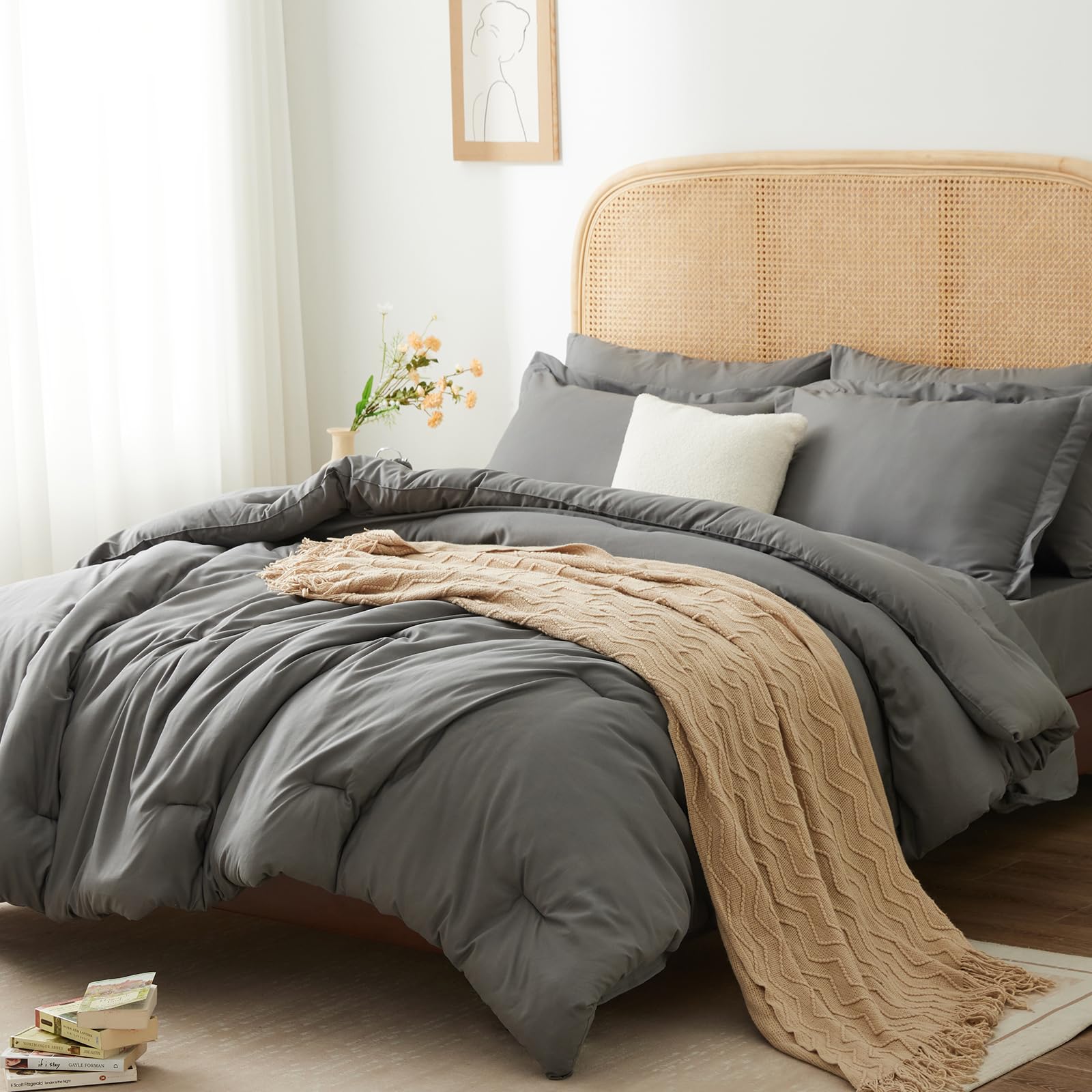 Queen Comforter Set -Dark Grey Bed in a Bag,7 Pieces Comforter Sets