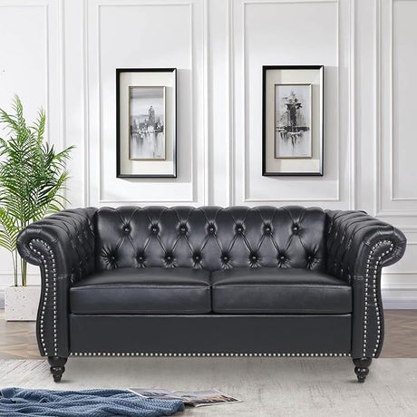 Chesterfield Sofa Leather, 84" Upholstered Tufted Couch 3 Seater with Rolled Arms