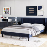 Full Bed Frame, Upholstered Platform Bed with Wingback Headboard, Velvet Upholstered Bed Frame with 2 Storage Pockets,