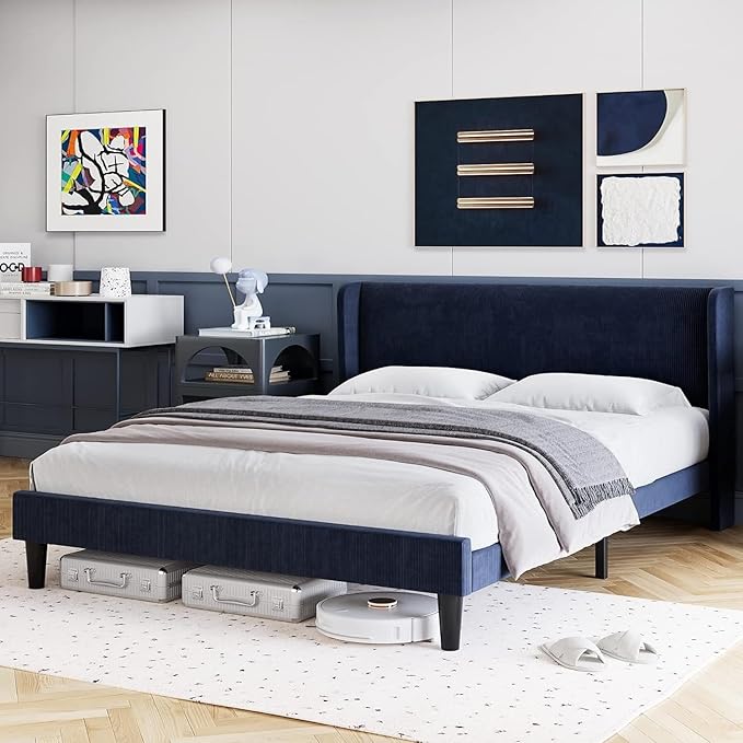 Full Bed Frame, Upholstered Platform Bed with Wingback Headboard