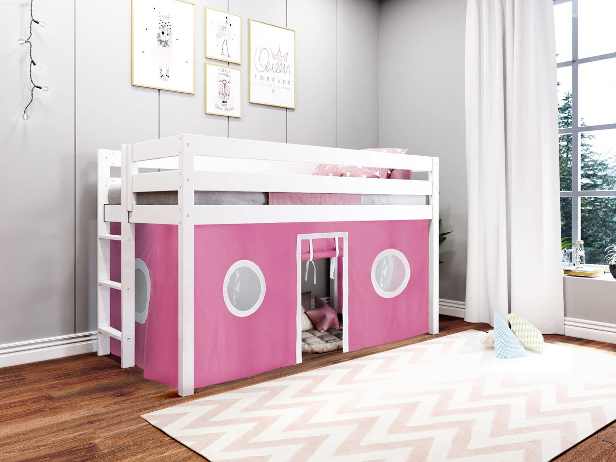 Contemporary Low Loft Twin Bed with End Ladder, White with Pink & White Tent