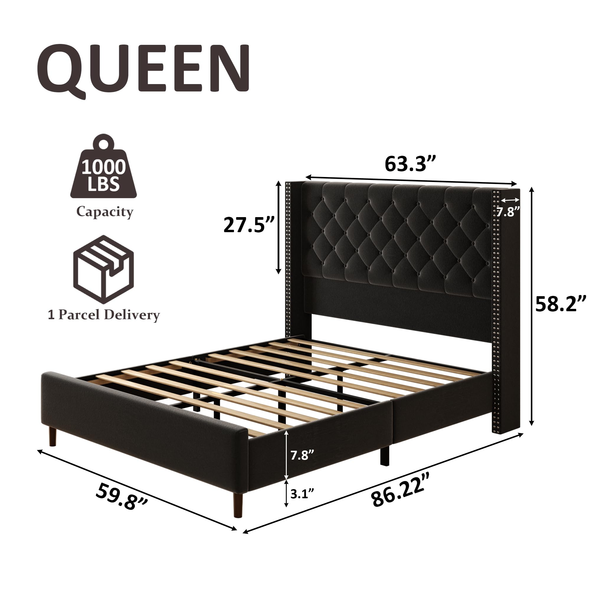 Queen Velvet Platform Bed with 58" Wingback Headboard