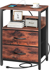 Nightstand with Charging Station, LED Night Stand with Fabric Drawers tlets