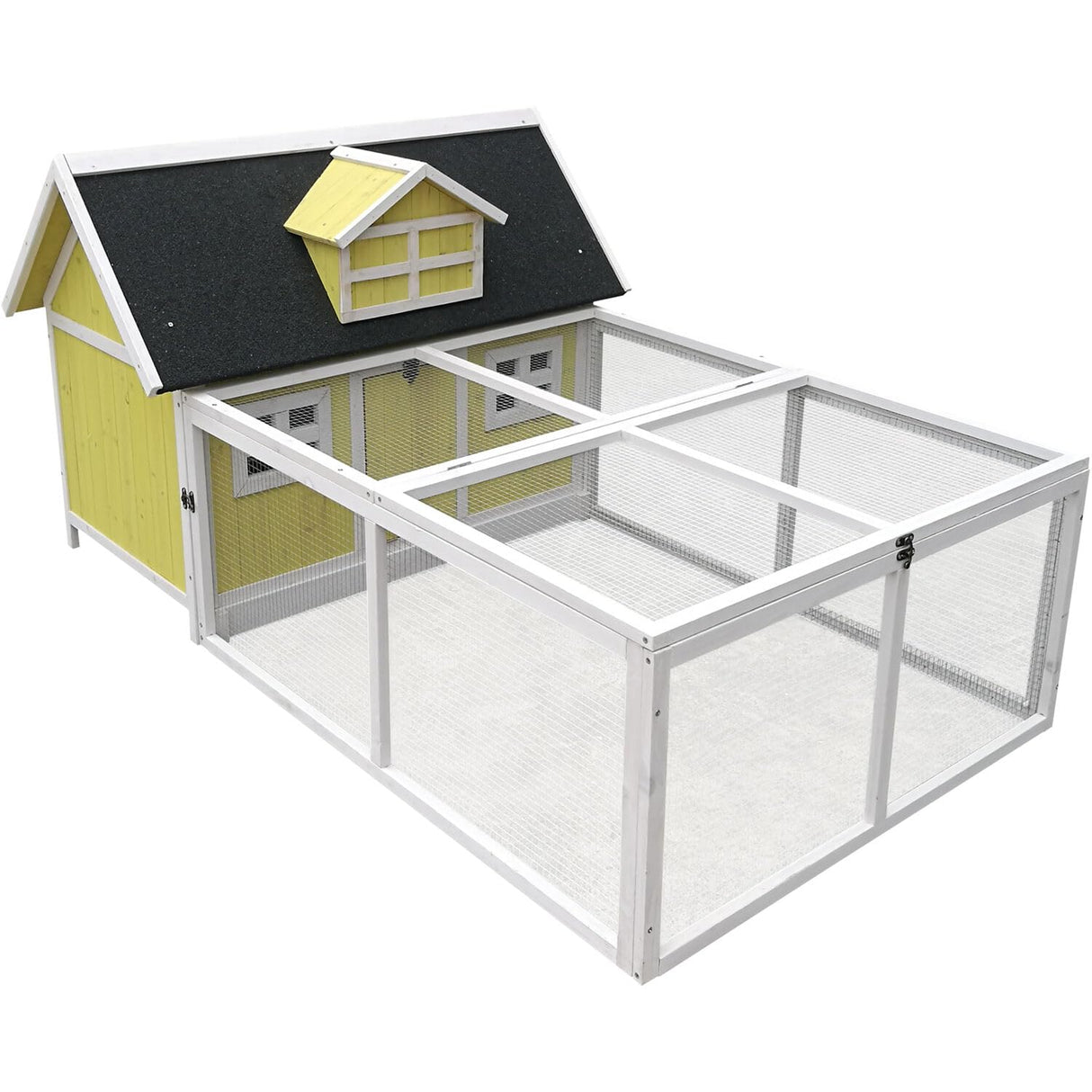 Outdoor Wooden Chicken Coop with Ramp, Large Wire Mesh Chicken Run