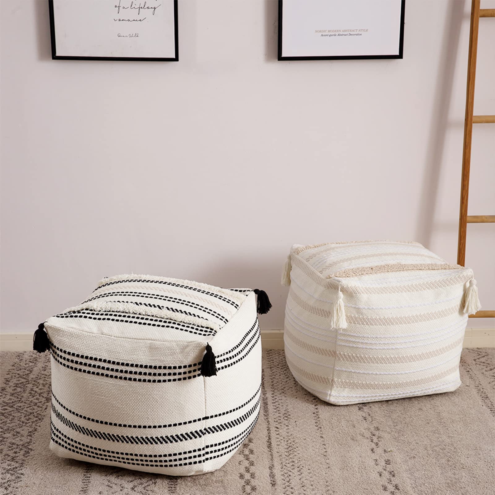 Ottoman Pouf Cover 18x18x16, Square Striped Morocco Tufted Boho Foot Rest with Big