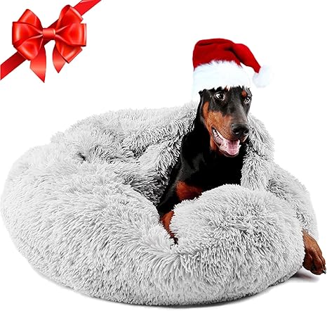 Dog Beds for Small Dogs, Donut Dog Bed with Blanket Attached, Calming Dog