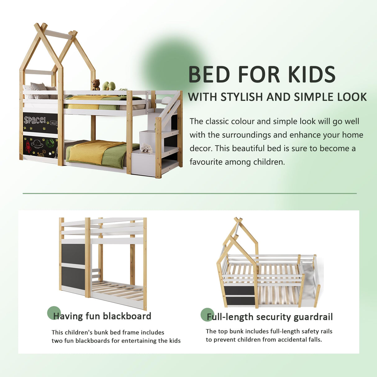 with Stairs,Twin Over Twin Bunk Bed with 2 Blackboard and Storage Shelves,Wood