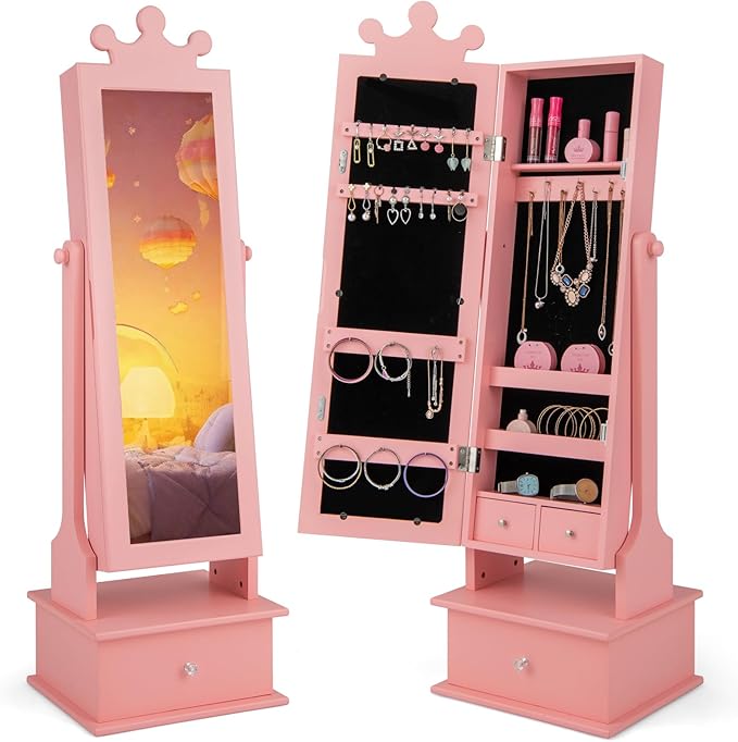 Kids Mirror Jewelry Cabinet, 44.5" Full Length mirror with Jewelry Storage