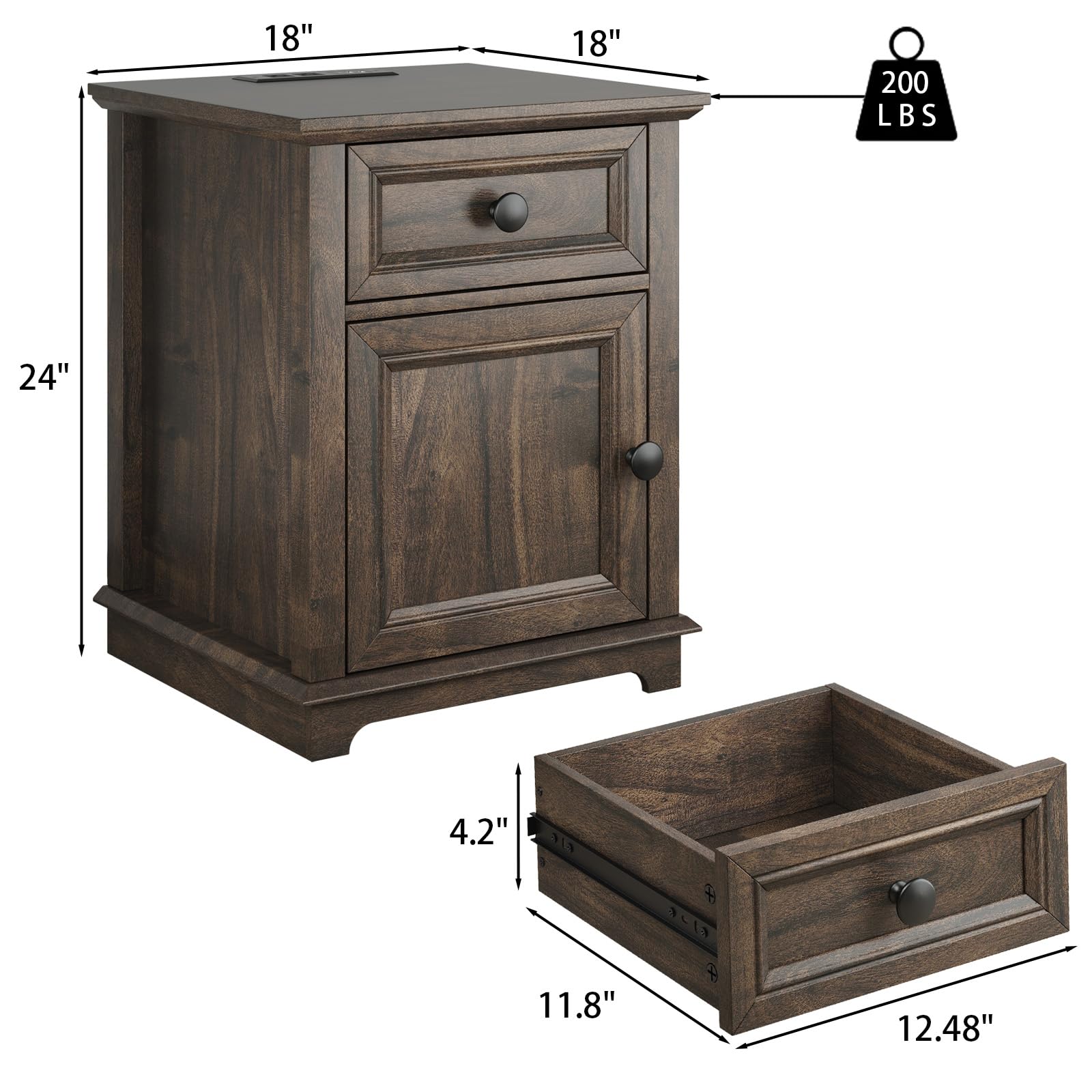 REDAYFUR 24" End Table with Fast Charging Station, Side Table with Drawer, Adjustable Shelf & Large Storage Cabinet, Vintage Wooden Nightstand for Living Room/Bedroom, Rustic Brown