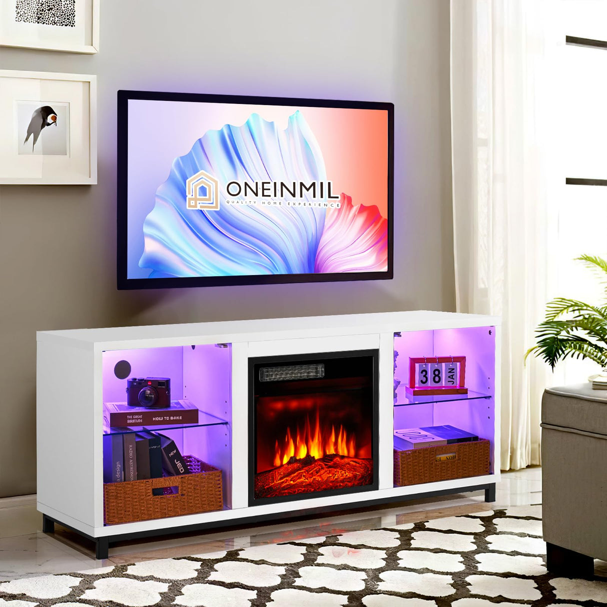 Electric Fireplace TV Stand with Adjustable Glass Shelves