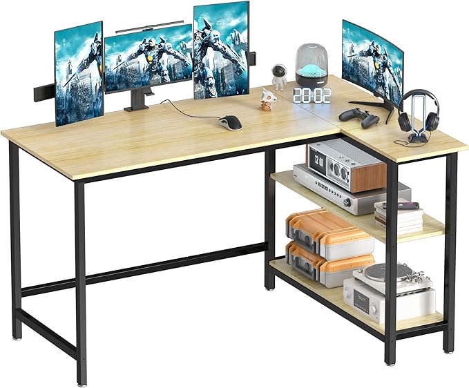 L Shaped Computer Desk - Home Office Desk with Shelf, Gaming Desk Corner Table for Work, Writing and Study, Space-Saving, Black