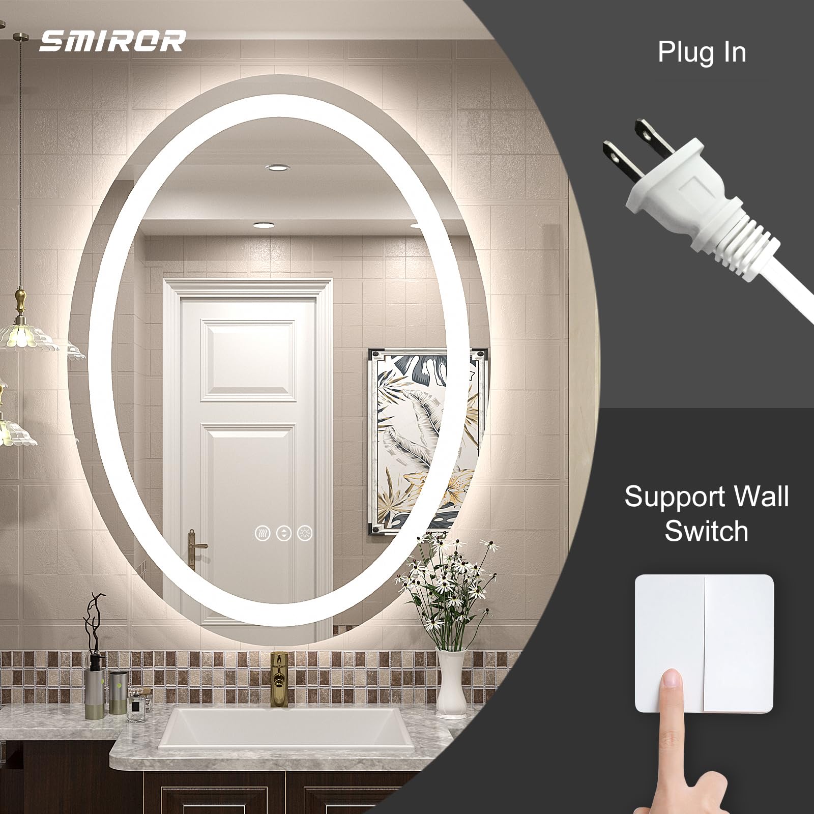 40x30 Oval LED Bathroom Mirror, Lighted Vanity Mirror for Wall, Anti-Fog, Shatter-Proof,