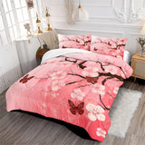 Pink Floral Butterfly Comforter Bedding Set King Size Japanese Cherry Blossom Bed Sets