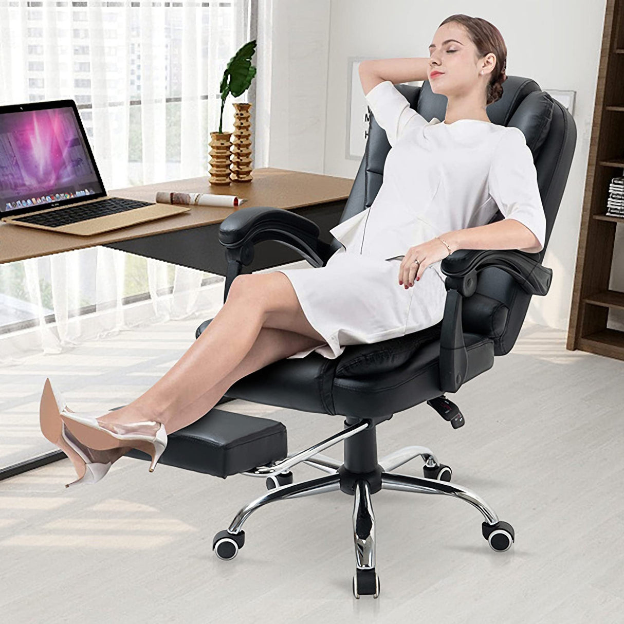 Vibration Massage Office Chair, Reclining Office Chair w/Footrest, High-Back Office Chair