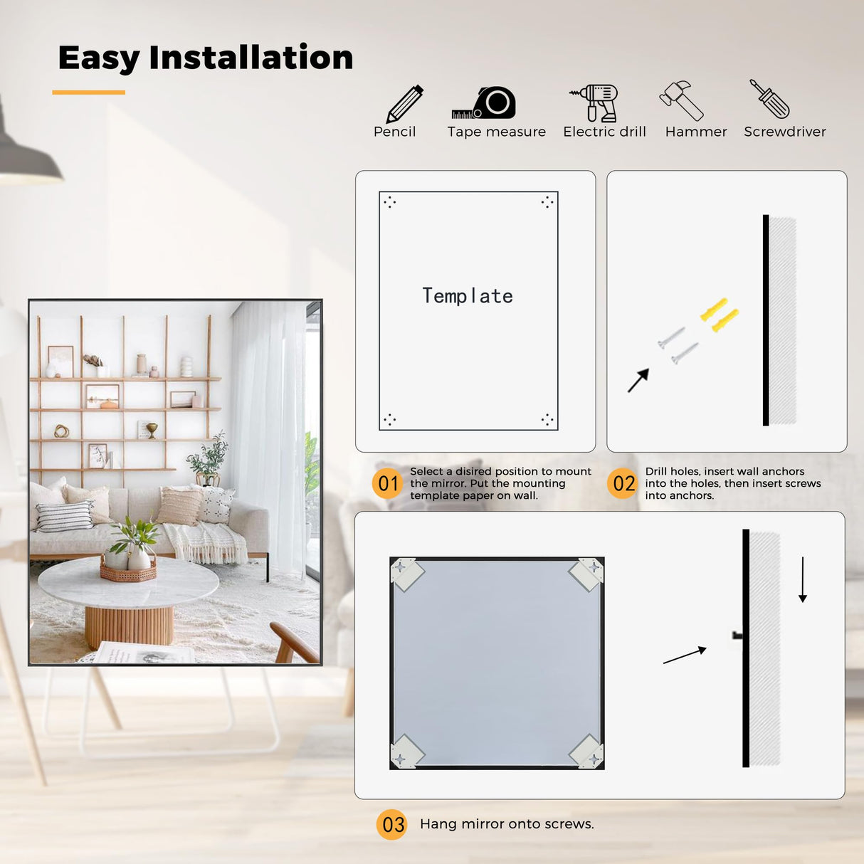 36 x 48 Inch Rectangle Wall Mirror, Aluminum Frame Rectangular Mirror