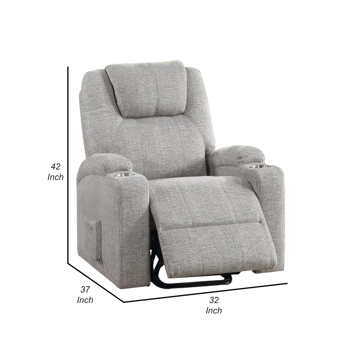 Benjara Evans 37 Inch Recliner Chair, Power Lift, Cupholders, Chenille, Light Gray